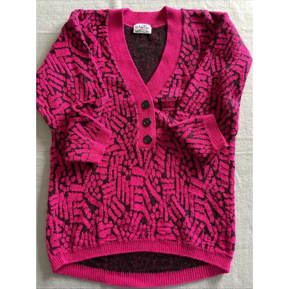 Vintage‎ 80s 90s Alberoy Cardigan Sweater Womens Size Medium Bright Pink & Black